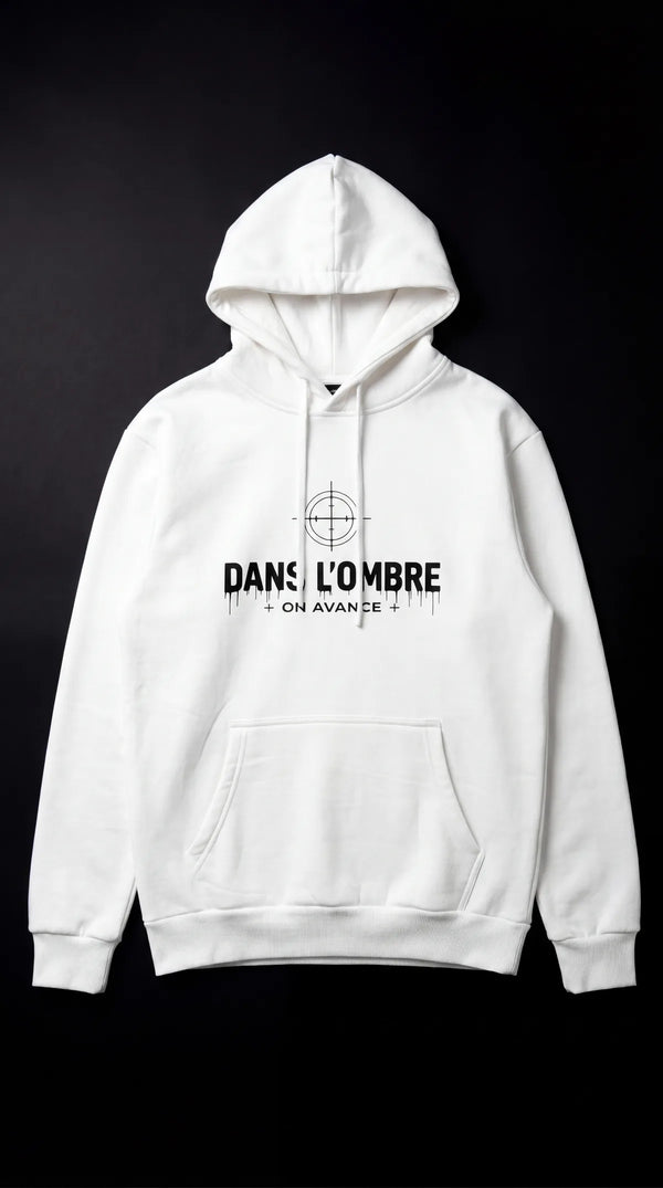 Hoodie blanc oversize DANS L'OMBRE — vue de face, sérigraphie streetwear