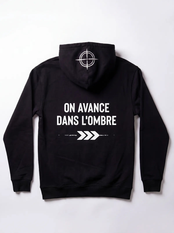 Hoodie noir oversize DANS L'OMBRE — vue de dos, impression logo