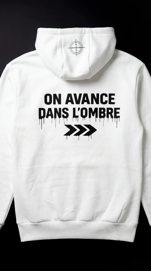 Hoodie blanc oversize DANS L'OMBRE — vue de dos, impression logo