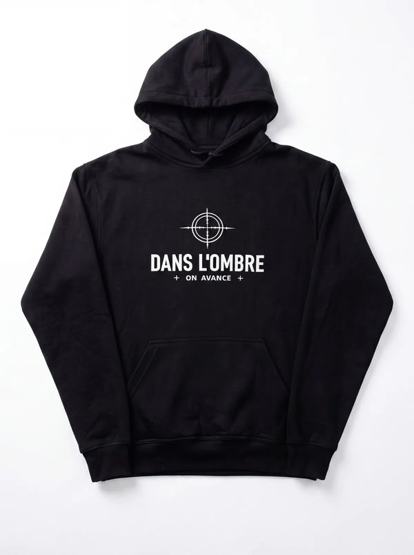  Hoodie noir oversize DANS L'OMBRE — vue de face, sérigraphie streetwear